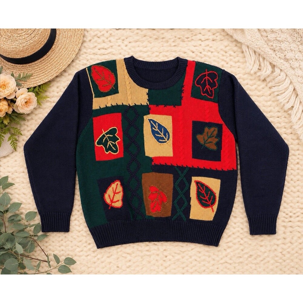 Alfred Dunner Wool Blend Fall Leaves Knit Sweater P Large Winter Cozy Grandma